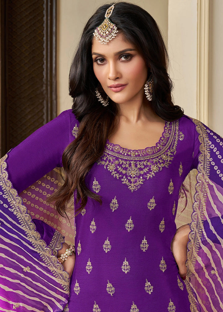 Indigo Purple Chinon Silk Sharara Suit with IntricateThread & Sequin Embroidery - House of Sarvati LLC