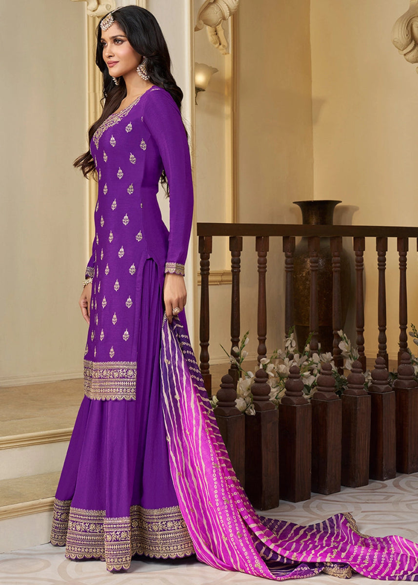 Indigo Purple Chinon Silk Sharara Suit with IntricateThread & Sequin Embroidery - House of Sarvati LLC
