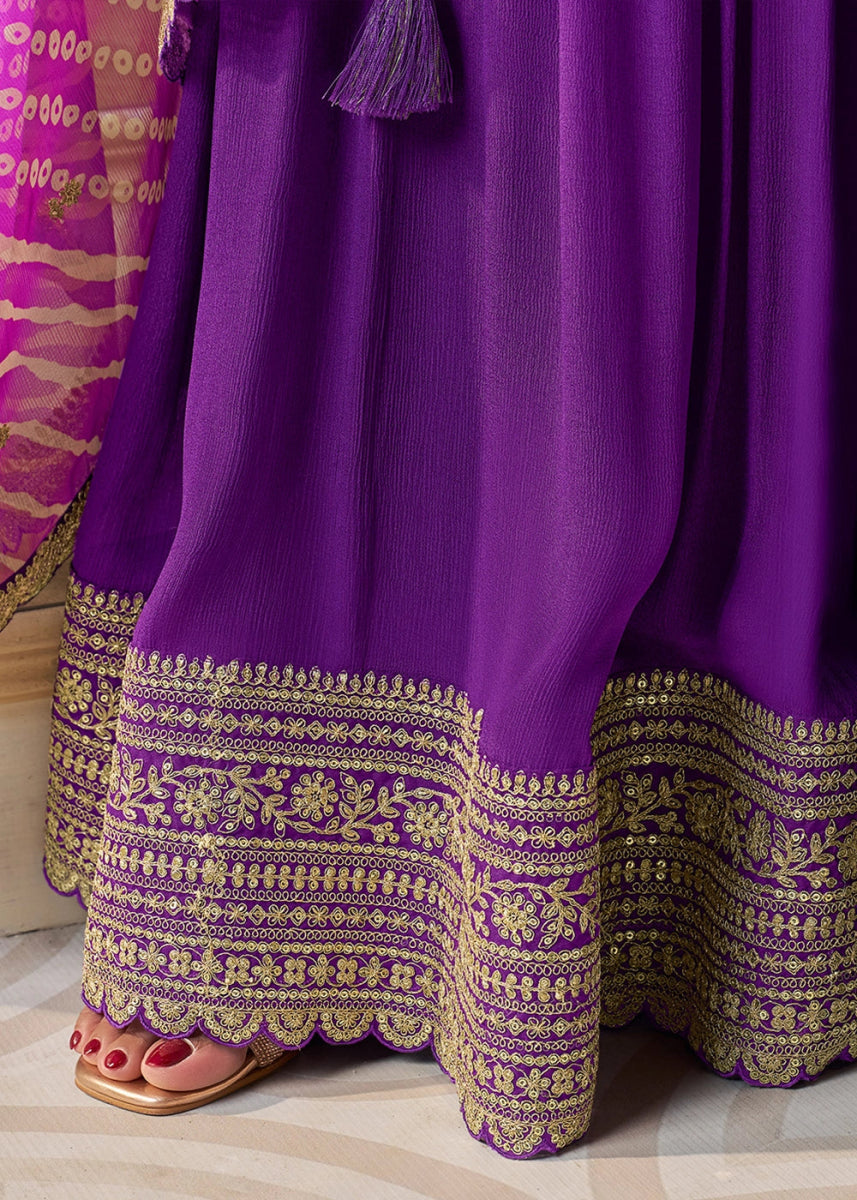 Indigo Purple Chinon Silk Sharara Suit with IntricateThread & Sequin Embroidery - House of Sarvati LLC