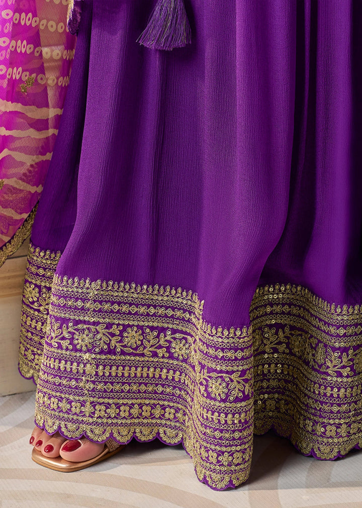 Indigo Purple Chinon Silk Sharara Suit with IntricateThread & Sequin Embroidery - House of Sarvati LLC