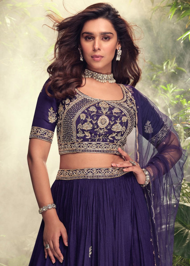 Indigo Purple Embroidered Chinon Silk Lehenga Choli Set - House of Sarvati LLC