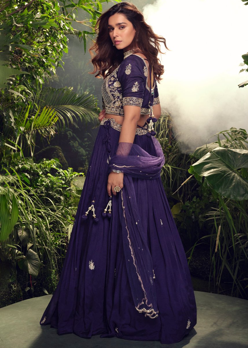 Indigo Purple Embroidered Chinon Silk Lehenga Choli Set - House of Sarvati LLC