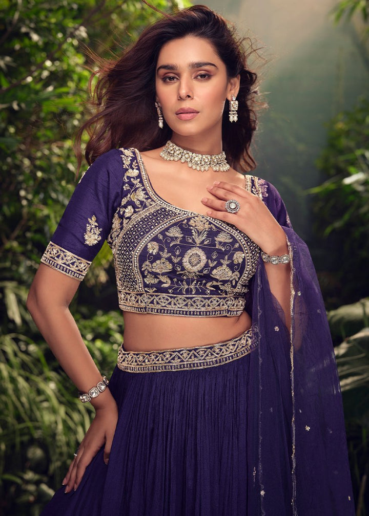 Indigo Purple Embroidered Chinon Silk Lehenga Choli Set - House of Sarvati LLC