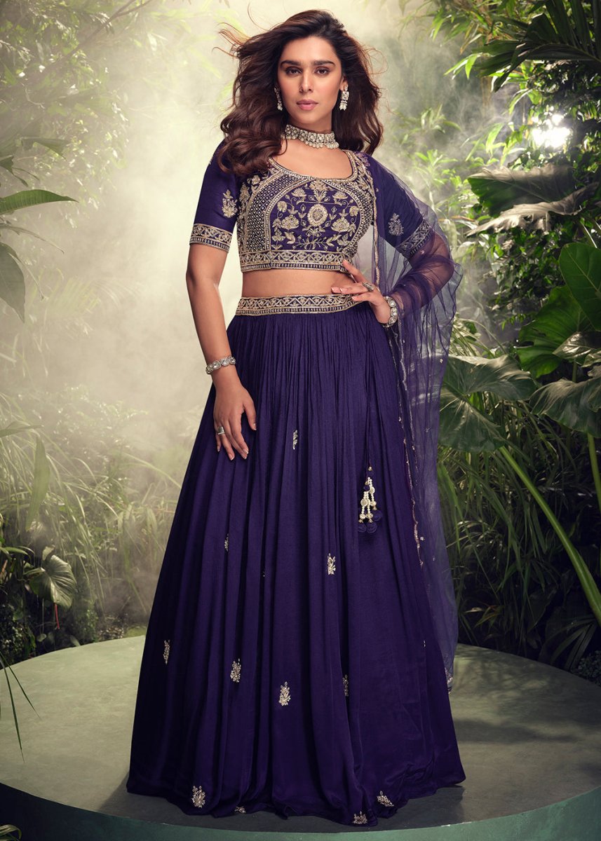 Indigo Purple Embroidered Chinon Silk Lehenga Choli Set - House of Sarvati LLC