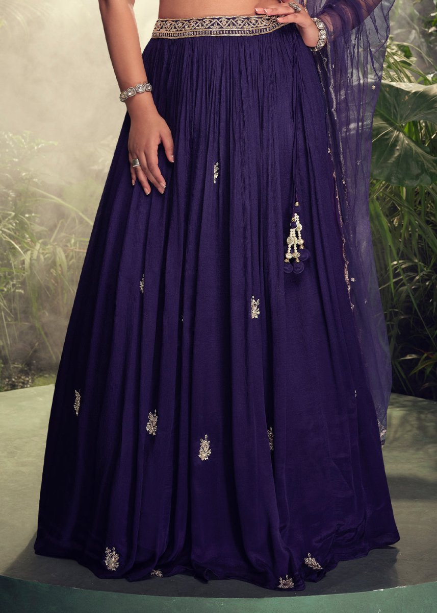 Indigo Purple Embroidered Chinon Silk Lehenga Choli Set - House of Sarvati LLC