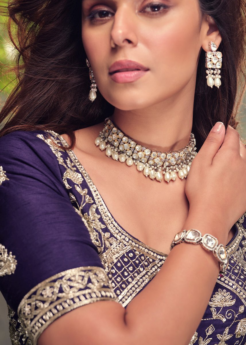 Indigo Purple Embroidered Chinon Silk Lehenga Choli Set - House of Sarvati LLC