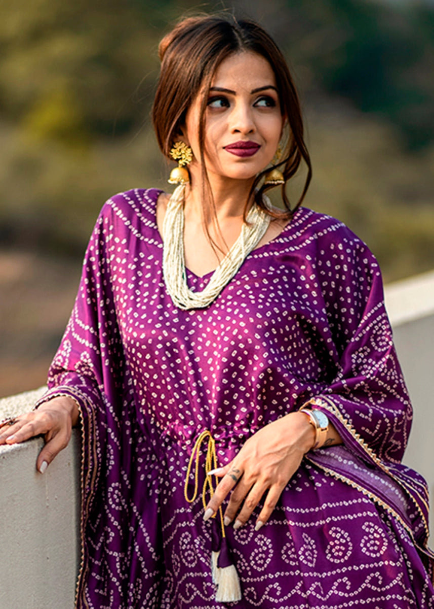 Indigo Purple Gaji Silk Kaftan with Gota Patti Lace and All - Over Bandhani Digital Print - House of Sarvati LLC