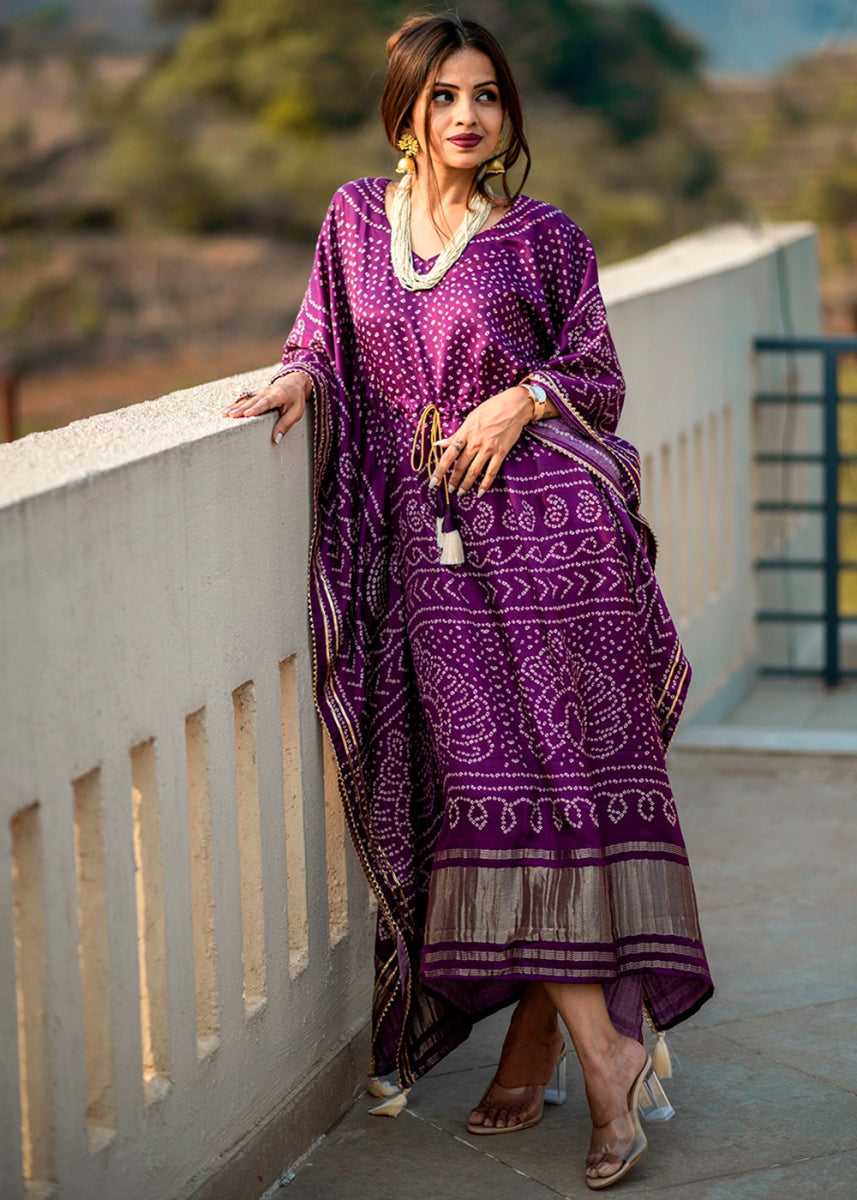Indigo Purple Gaji Silk Kaftan with Gota Patti Lace and All - Over Bandhani Digital Print - House of Sarvati LLC