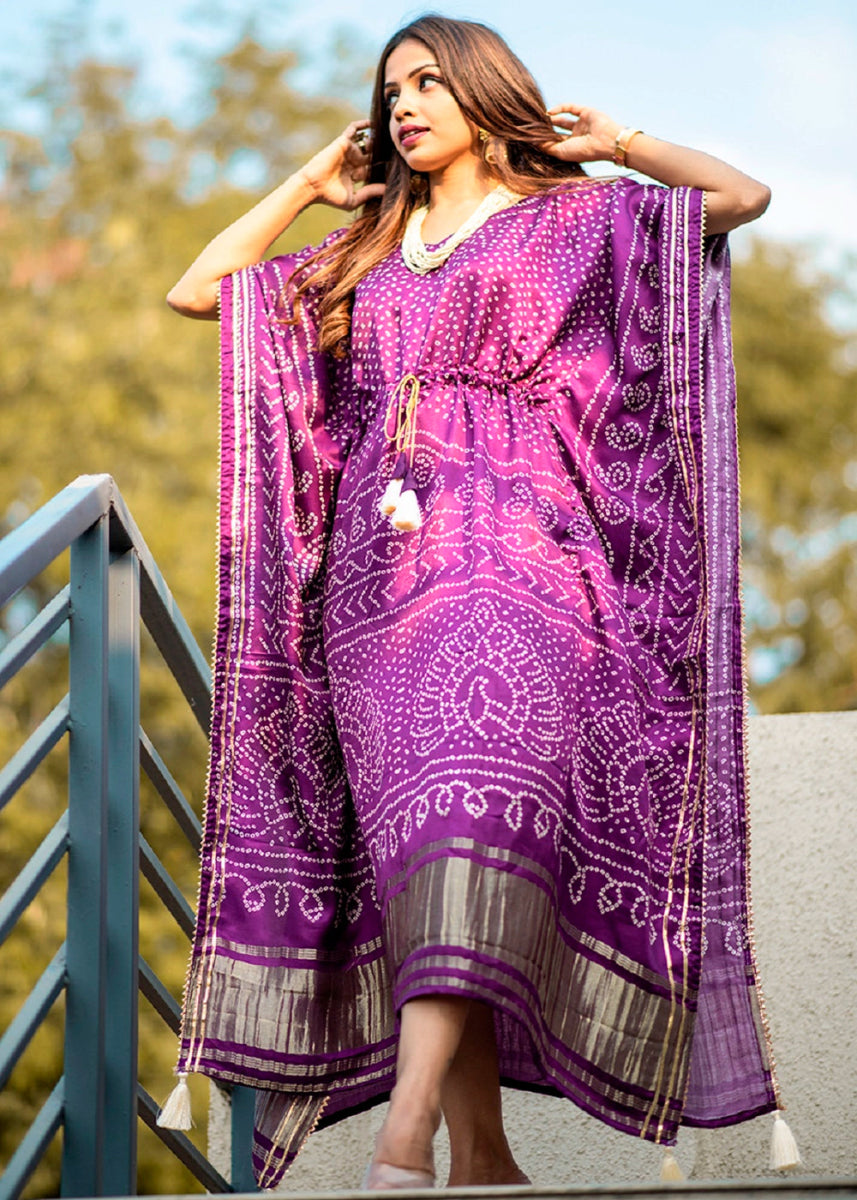 Indigo Purple Gaji Silk Kaftan with Gota Patti Lace and All - Over Bandhani Digital Print - House of Sarvati LLC