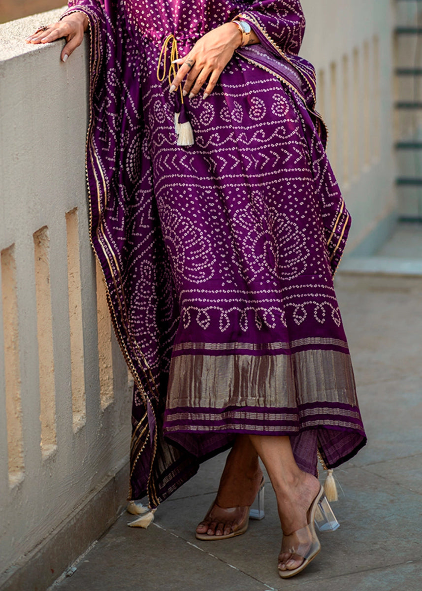 Indigo Purple Gaji Silk Kaftan with Gota Patti Lace and All - Over Bandhani Digital Print - House of Sarvati LLC