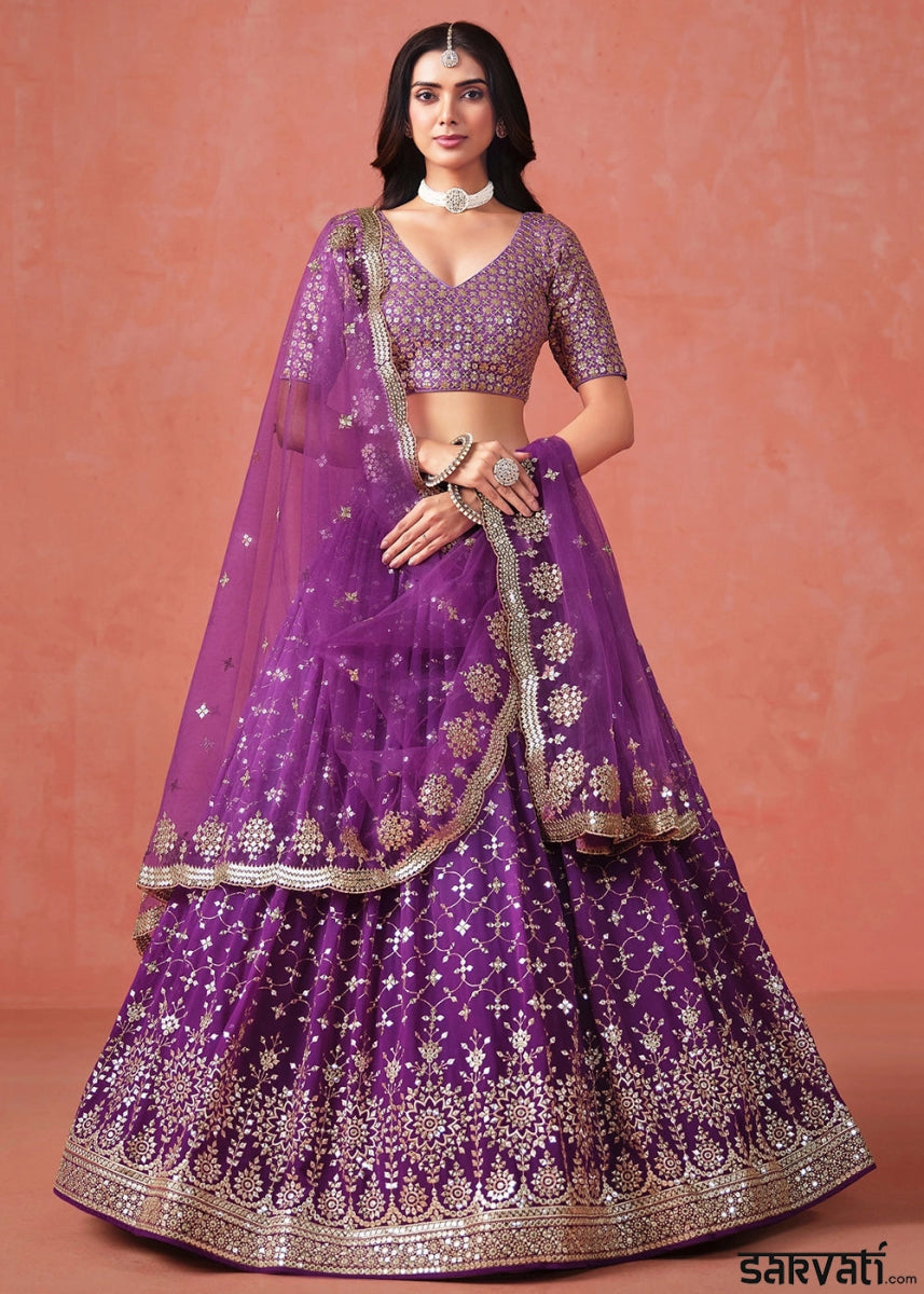 Indigo Purple Lehenga Choli in Georgette with Sequin Zari Work - House of Sarvati LLC