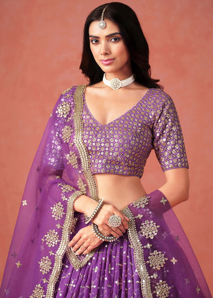 Indigo Purple Lehenga Choli in Georgette with Sequin Zari Work - House of Sarvati LLC