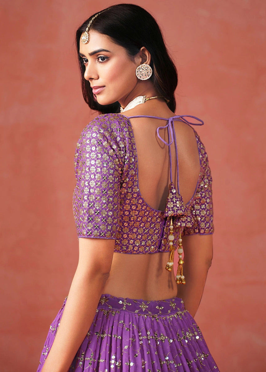 Indigo Purple Lehenga Choli in Georgette with Sequin Zari Work - House of Sarvati LLC