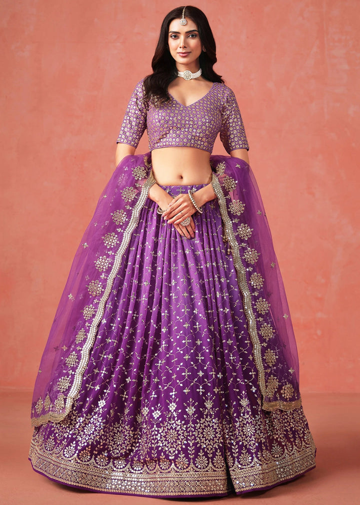 Indigo Purple Lehenga Choli in Georgette with Sequin Zari Work - House of Sarvati LLC
