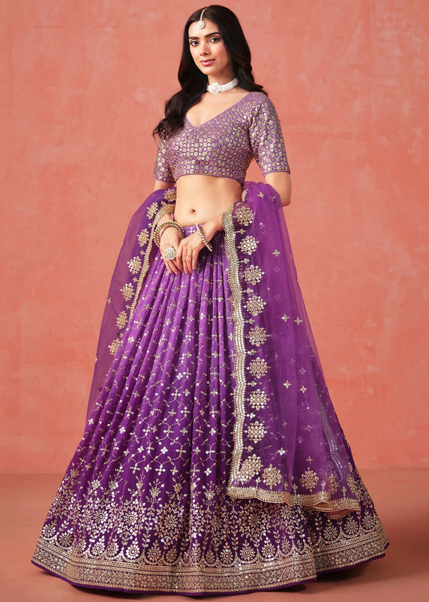 Indigo Purple Lehenga Choli in Georgette with Sequin Zari Work - House of Sarvati LLC