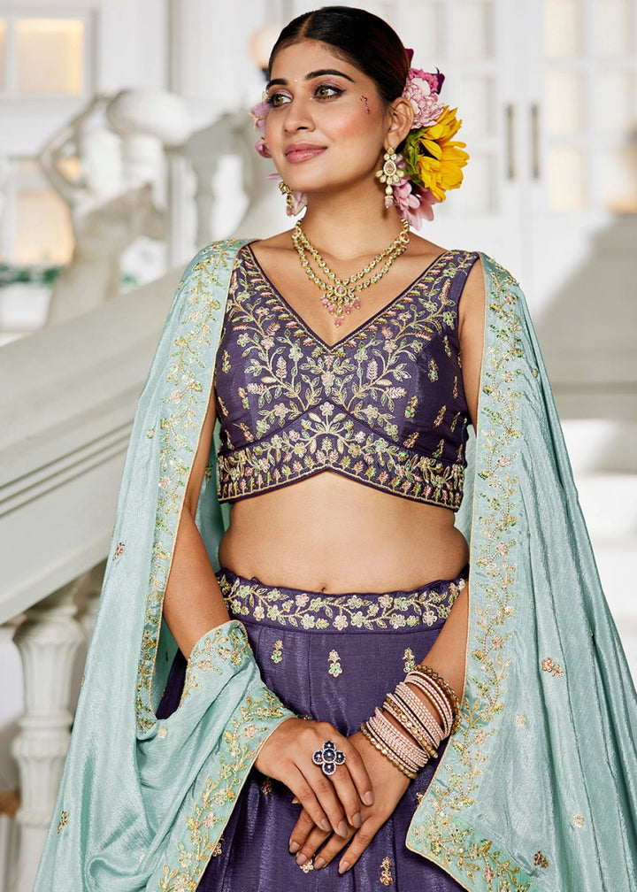 Indigo Purple Lehenga Choli with Floral Sequin Detailing on Chiffon Silk - House of Sarvati LLC