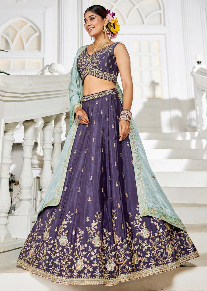 Indigo Purple Lehenga Choli with Floral Sequin Detailing on Chiffon Silk - House of Sarvati LLC