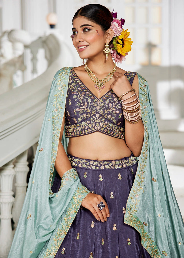 Indigo Purple Lehenga Choli with Floral Sequin Detailing on Chiffon Silk - House of Sarvati LLC