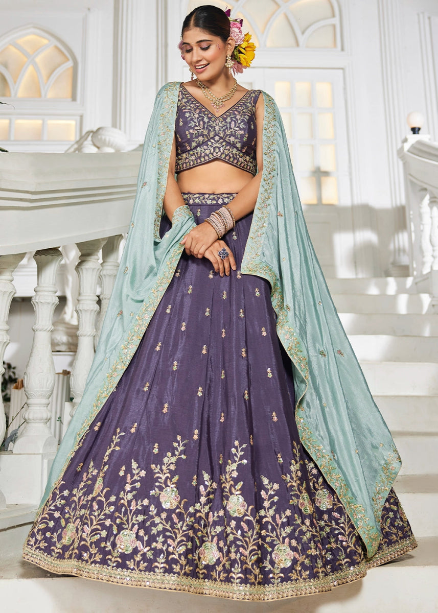 Indigo Purple Lehenga Choli with Floral Sequin Detailing on Chiffon Silk - House of Sarvati LLC