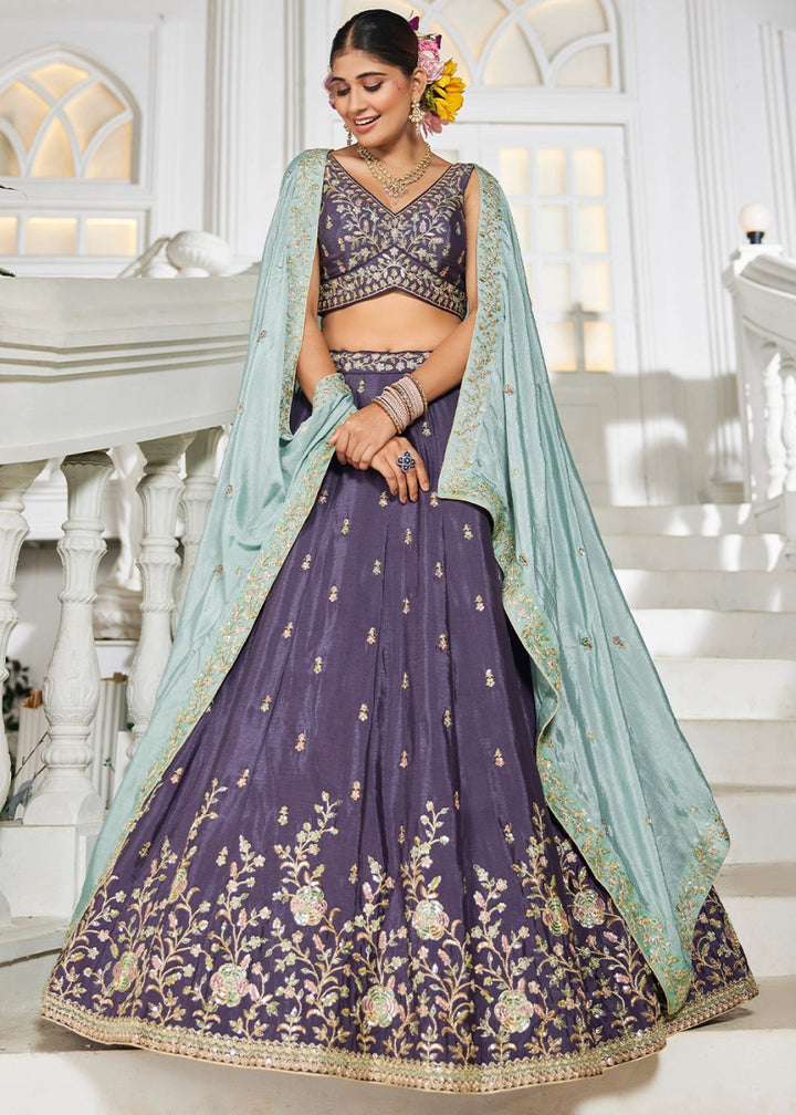 Indigo Purple Lehenga Choli with Floral Sequin Detailing on Chiffon Silk - House of Sarvati LLC