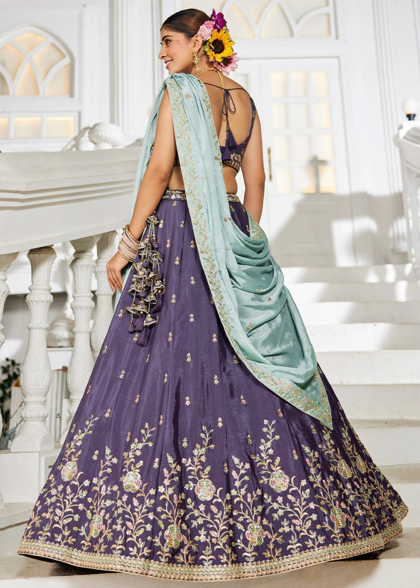 Indigo Purple Lehenga Choli with Floral Sequin Detailing on Chiffon Silk - House of Sarvati LLC