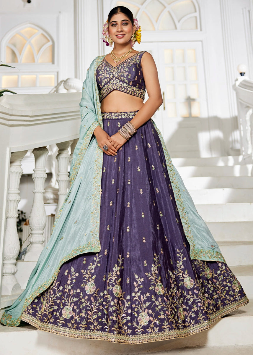 Indigo Purple Lehenga Choli with Floral Sequin Detailing on Chiffon Silk - House of Sarvati LLC