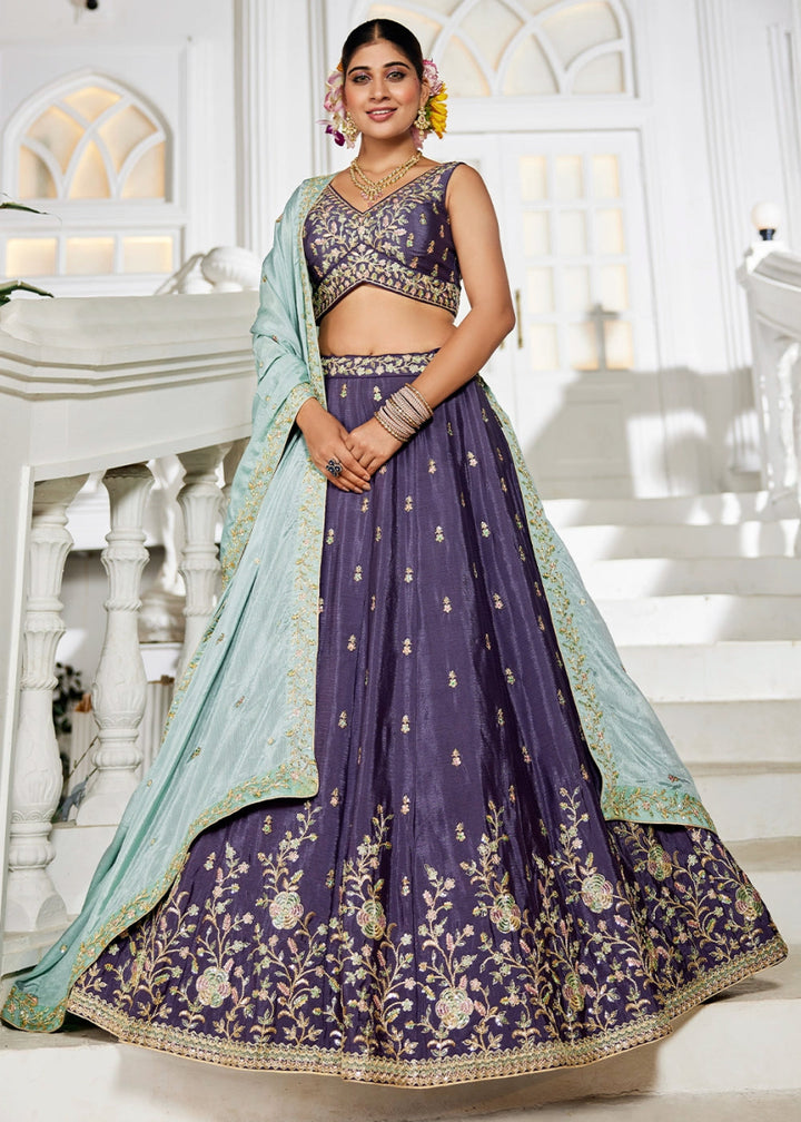 Indigo Purple Lehenga Choli with Floral Sequin Detailing on Chiffon Silk - House of Sarvati LLC