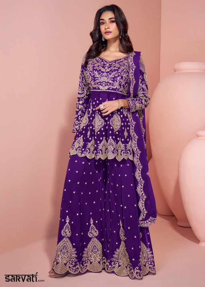 Indigo Purple Palazzo Suit in Georgette with All - Over Embroidery - House of Sarvati LLC