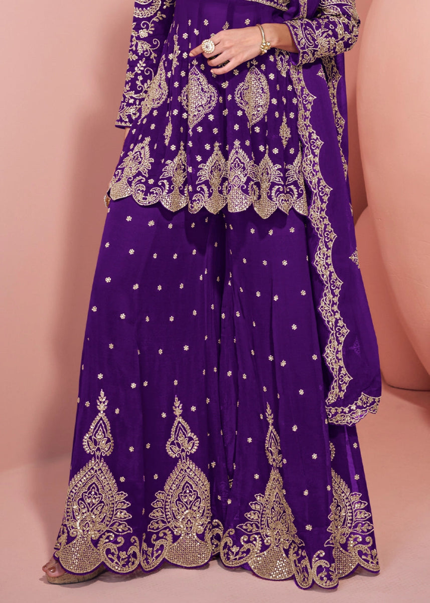 Indigo Purple Palazzo Suit in Georgette with All - Over Embroidery - House of Sarvati LLC
