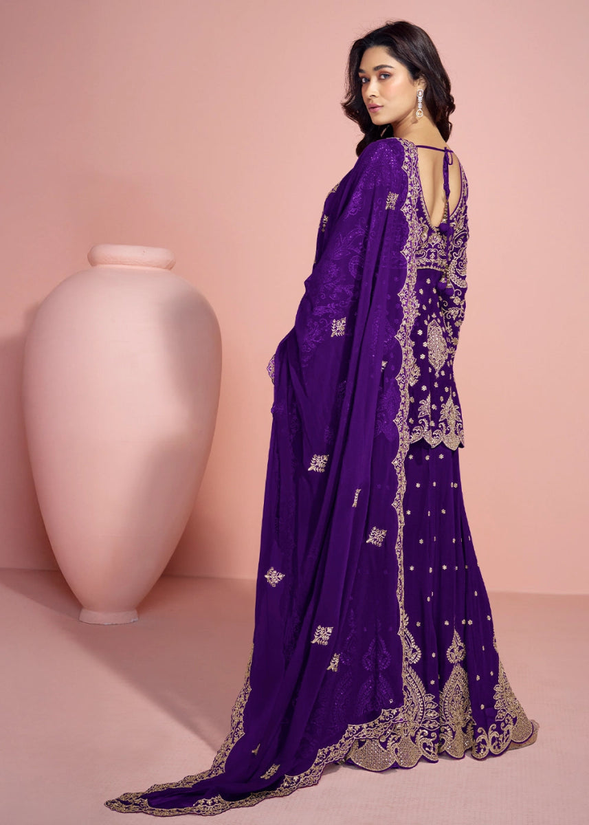 Indigo Purple Palazzo Suit in Georgette with All - Over Embroidery - House of Sarvati LLC
