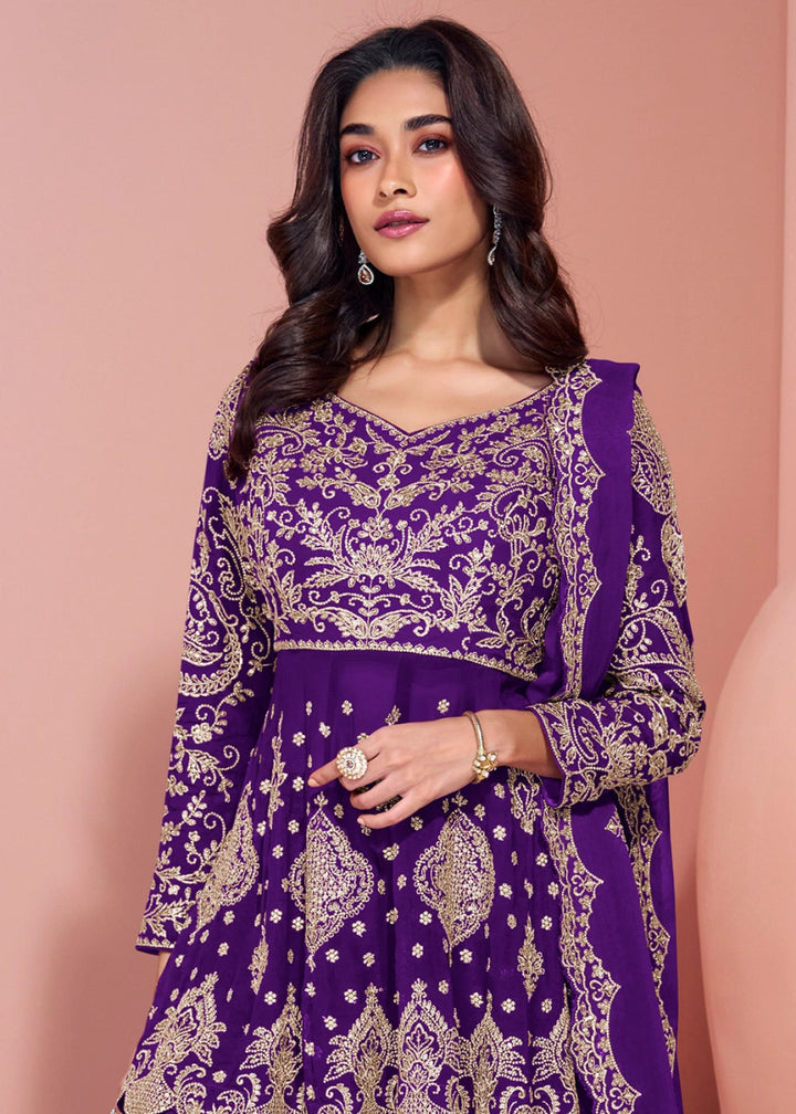 Indigo Purple Palazzo Suit in Georgette with All - Over Embroidery - House of Sarvati LLC