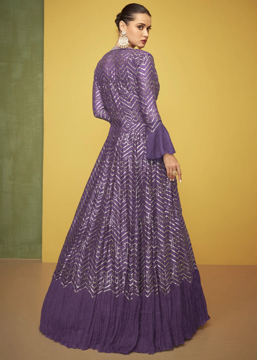 Indigo Purple Silk Anarkali Gown Featuring Intricate Embroidery And Stylish Long Jacket - House of Sarvati LLC