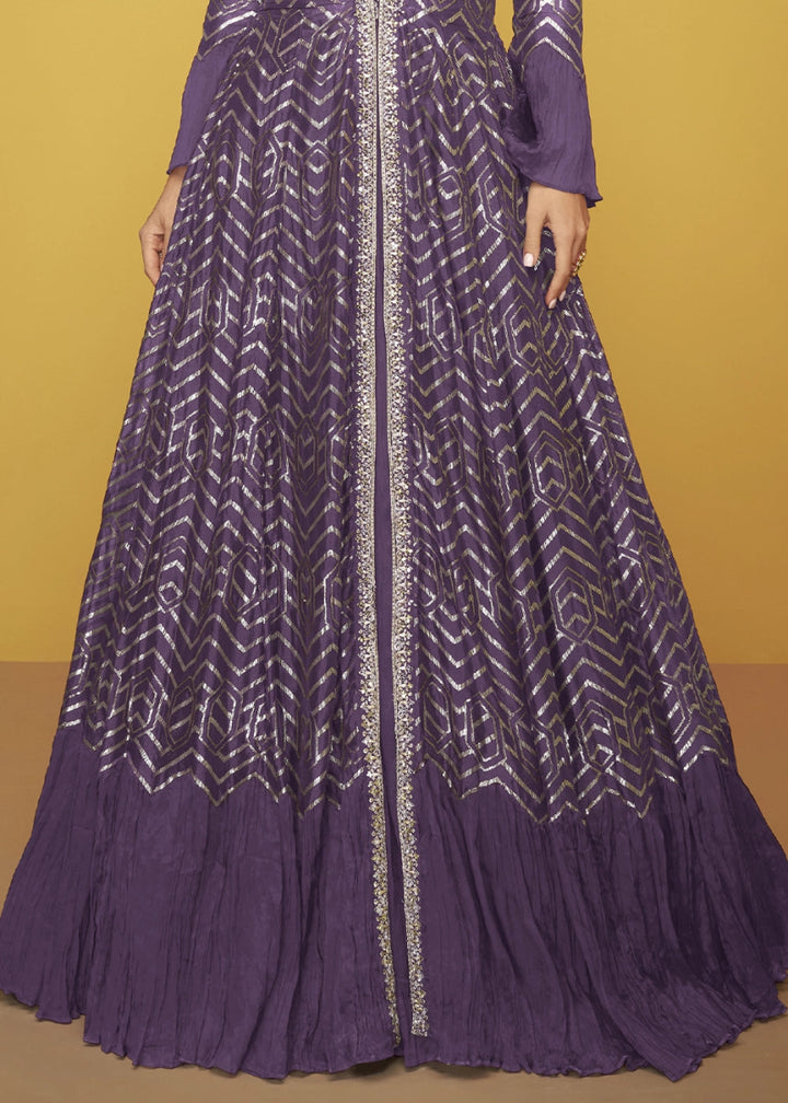Indigo Purple Silk Anarkali Gown Featuring Intricate Embroidery And Stylish Long Jacket - House of Sarvati LLC