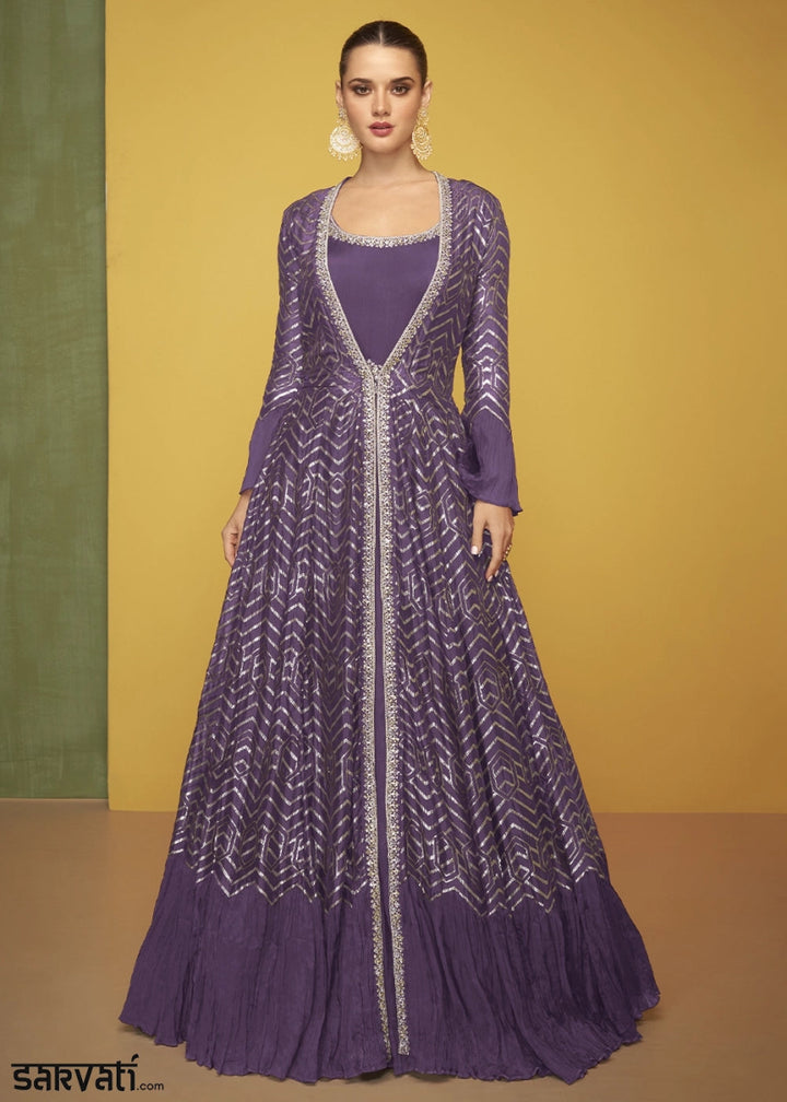 Indigo Purple Silk Anarkali Gown Featuring Intricate Embroidery And Stylish Long Jacket - House of Sarvati LLC