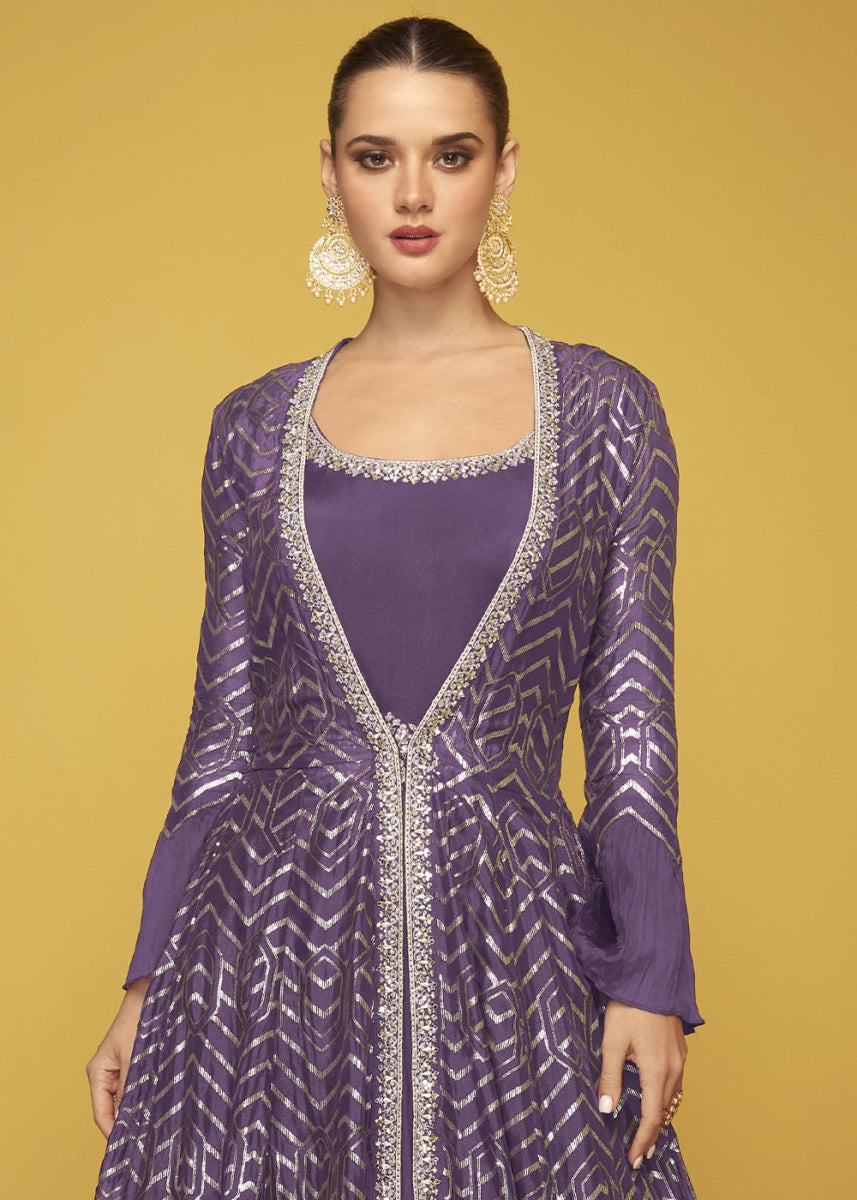 Indigo Purple Silk Anarkali Gown Featuring Intricate Embroidery And Stylish Long Jacket - House of Sarvati LLC
