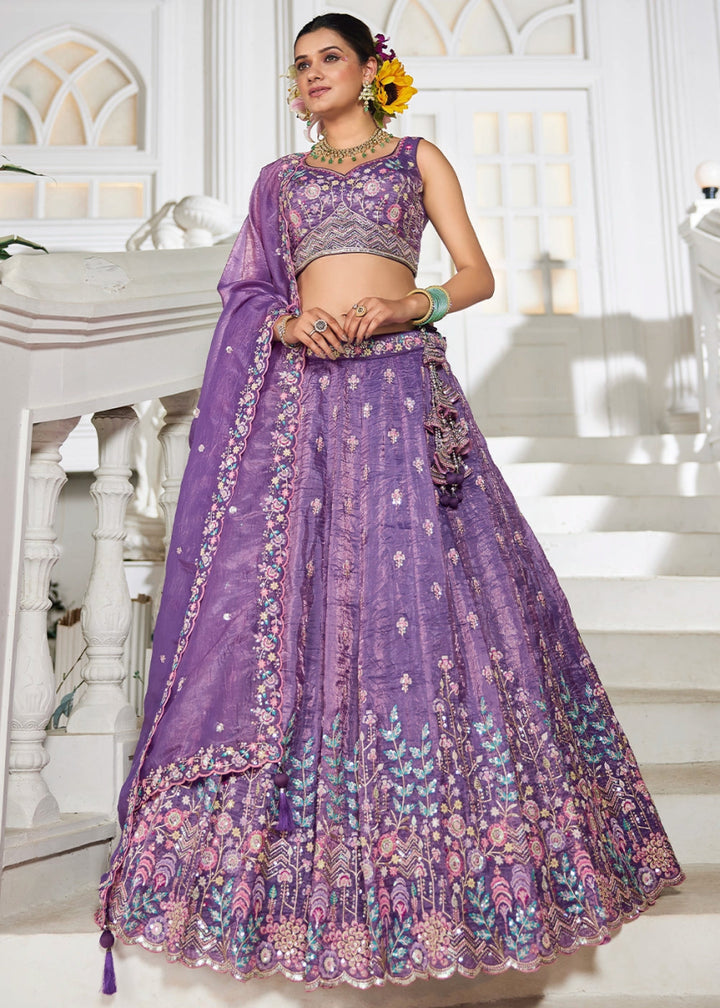 Indigo Purple Tissue Lehenga Choli with Elegant Floral Embroidery - House of Sarvati LLC
