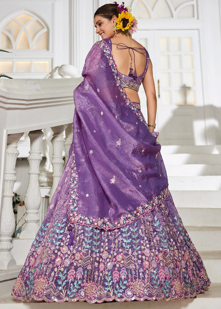 Indigo Purple Tissue Lehenga Choli with Elegant Floral Embroidery - House of Sarvati LLC