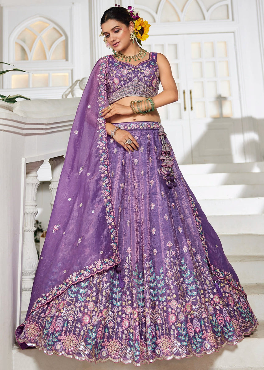 Indigo Purple Tissue Lehenga Choli with Elegant Floral Embroidery - House of Sarvati LLC