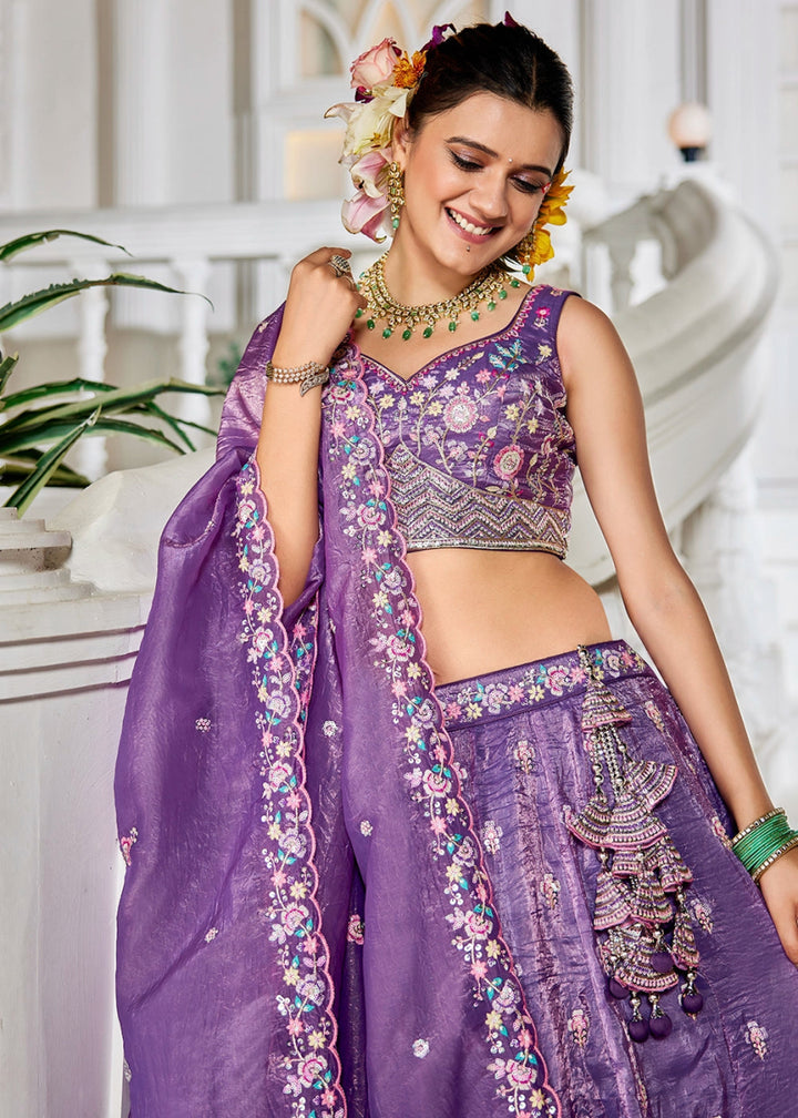 Indigo Purple Tissue Lehenga Choli with Elegant Floral Embroidery - House of Sarvati LLC