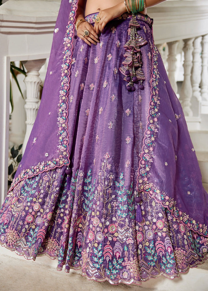 Indigo Purple Tissue Lehenga Choli with Elegant Floral Embroidery - House of Sarvati LLC