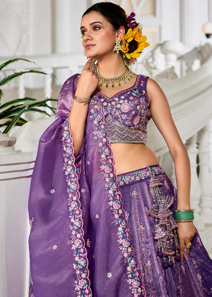 Indigo Purple Tissue Lehenga Choli with Elegant Floral Embroidery - House of Sarvati LLC