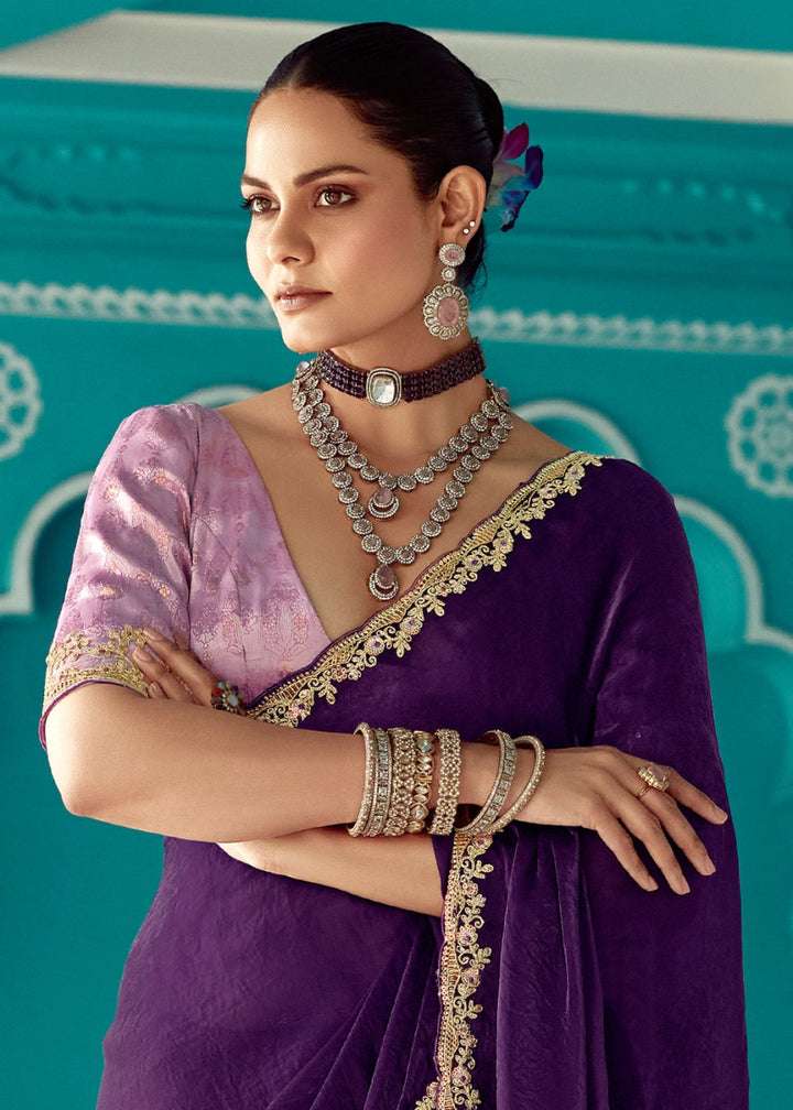 Indigo Purple Tissue Silk Saree with Exquisite Embroidery - House of Sarvati LLC
