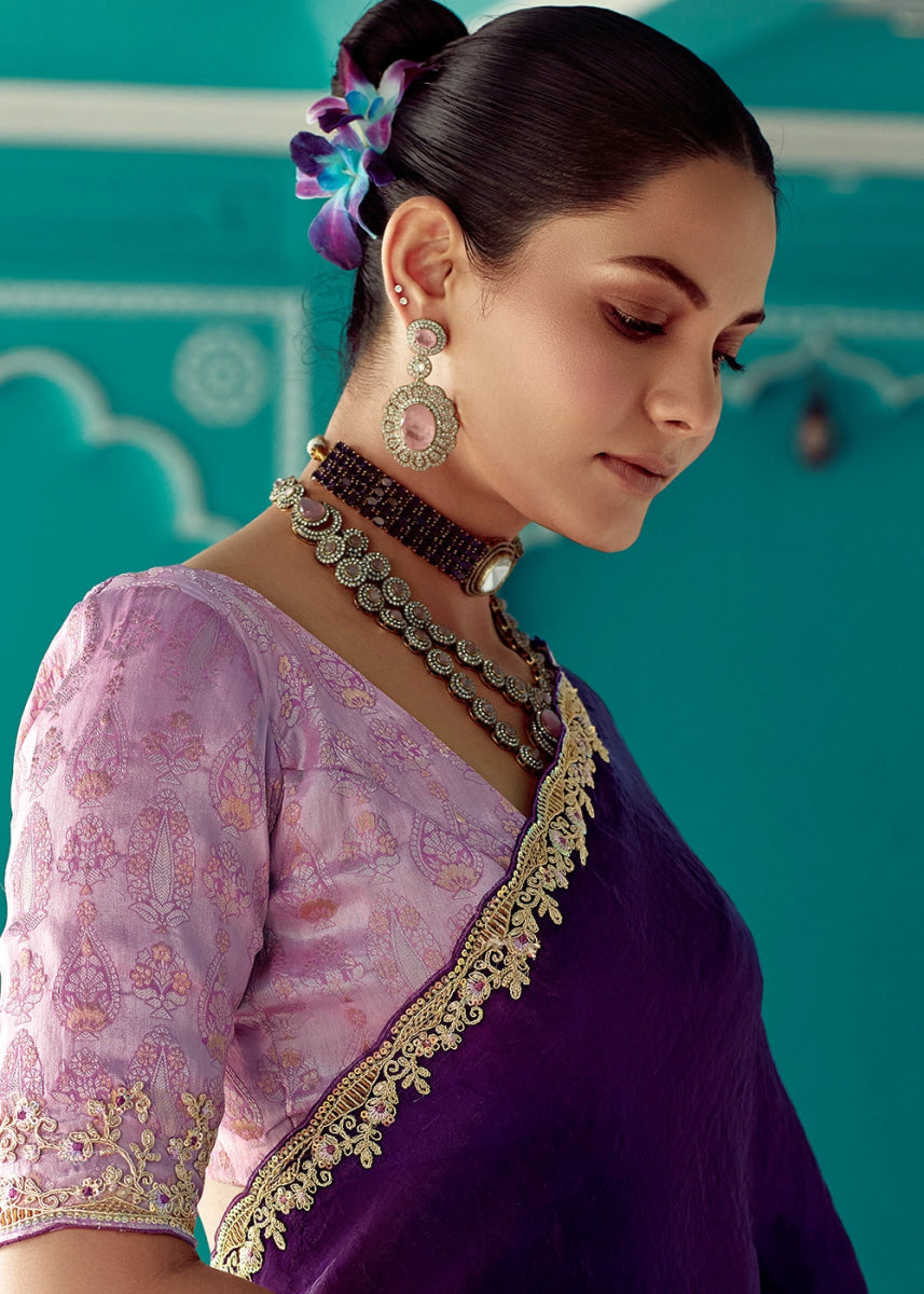 Indigo Purple Tissue Silk Saree with Exquisite Embroidery - House of Sarvati LLC