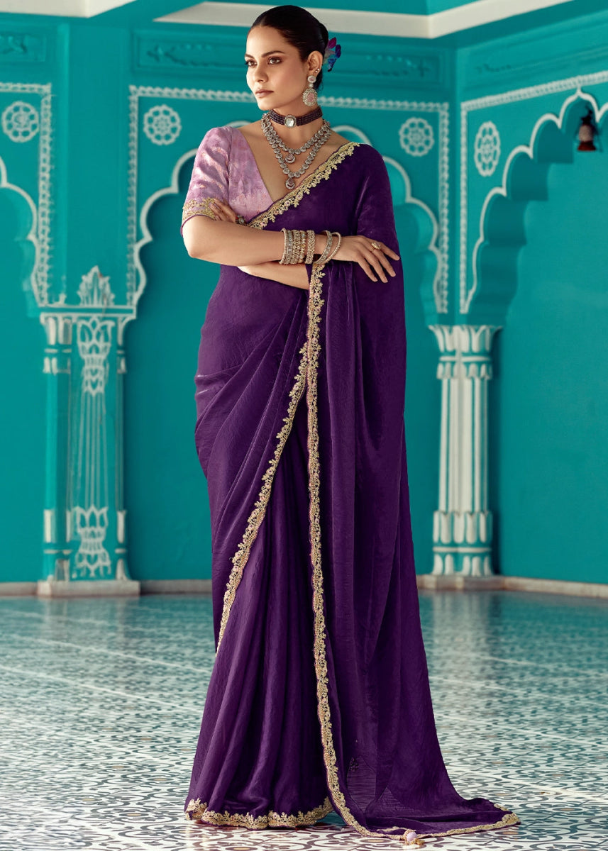 Indigo Purple Tissue Silk Saree with Exquisite Embroidery - House of Sarvati LLC