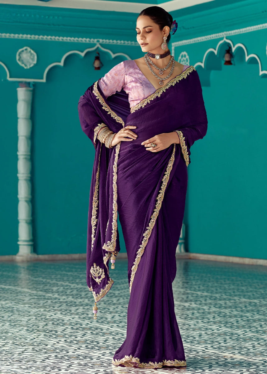 Indigo Purple Tissue Silk Saree with Exquisite Embroidery - House of Sarvati LLC