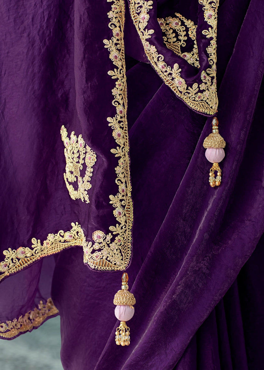 Indigo Purple Tissue Silk Saree with Exquisite Embroidery - House of Sarvati LLC