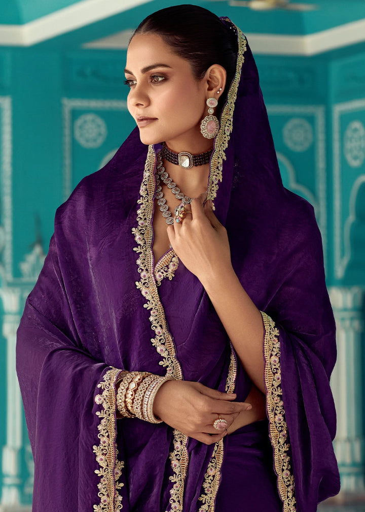 Indigo Purple Tissue Silk Saree with Exquisite Embroidery - House of Sarvati LLC