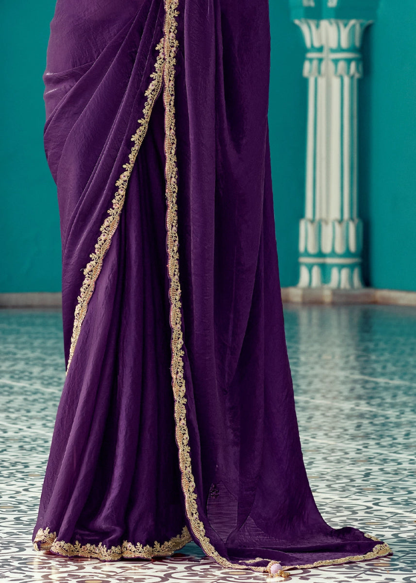 Indigo Purple Tissue Silk Saree with Exquisite Embroidery - House of Sarvati LLC