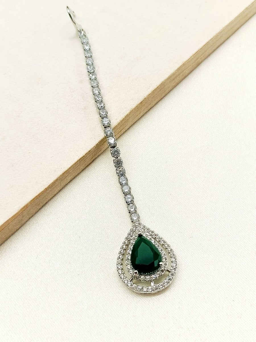 Ira Green American Diamond Maang Teeka - House of Sarvati LLC