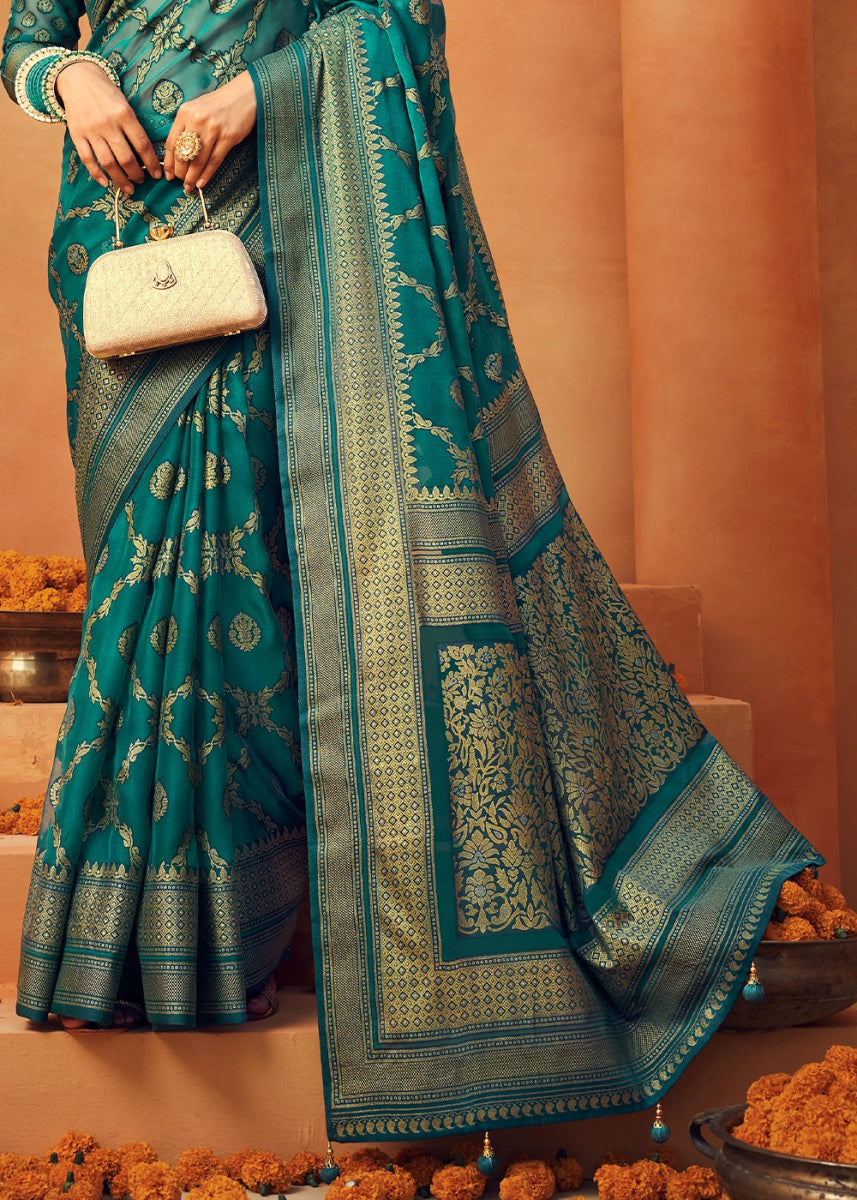 Iris Blue Handwoven Zari Georgette Silk Saree - House of Sarvati LLC